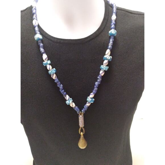Vtg African Glass Trade Beads Necklace, Blue Statement Piece